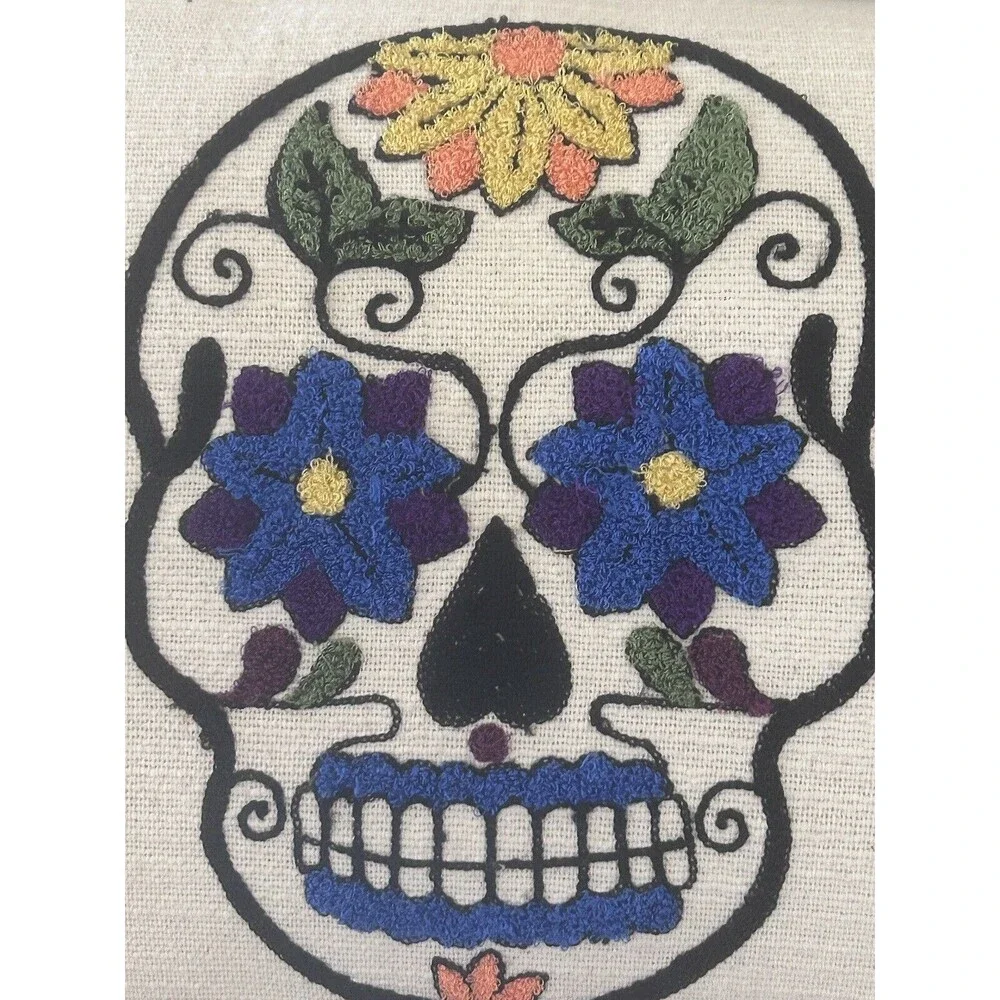 Halloween  SWEET STREET Embroidered Day of the Dead Sugar Skull Rectangle Pillow